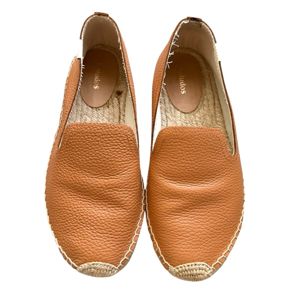 Soludos Leather Espadrilles Slip On Flats Cognac Brown Jute Sole Size 8.5 EU 39